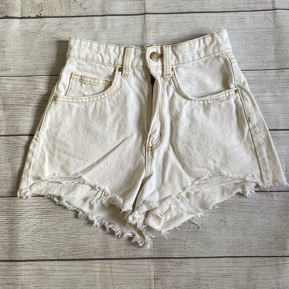 Cotton On White Jean High Rise Shorts Distressed Frayed Hem